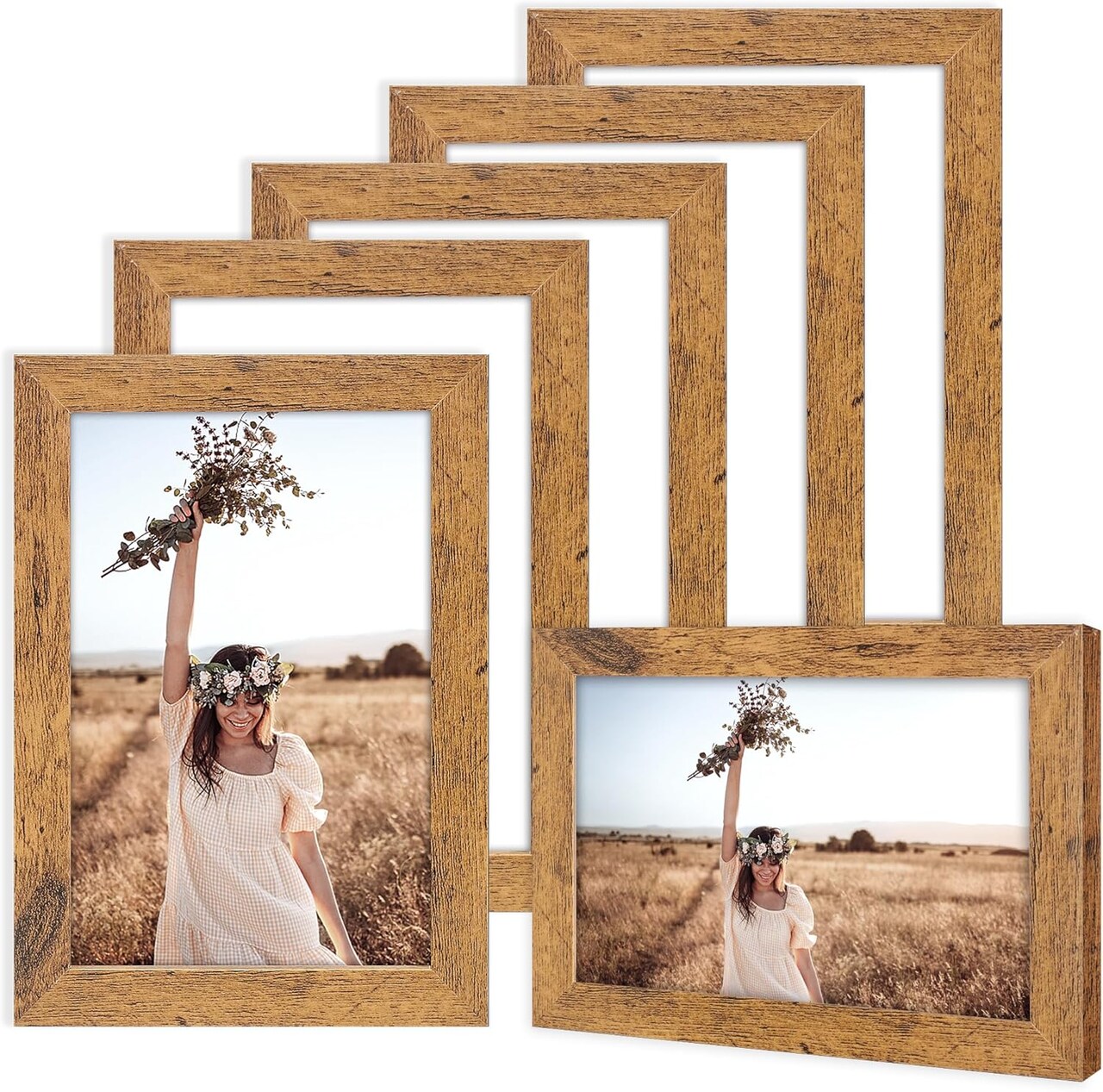 5x7 Picture Frames Set of 6, Rustic Photo Frames Collage for Wall Decor Mounting or Table Display,Home Decorative Wall Gallery Picture Photo Frame Wood Brown,Walnut